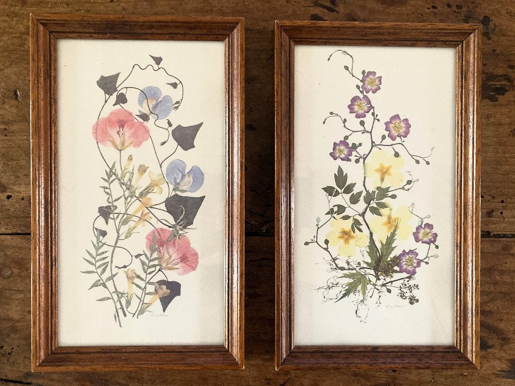2 vintage bloemenprints ingelijst 25x13,5, Gebruikt, 14 cm, Vintage, Decoratieobject