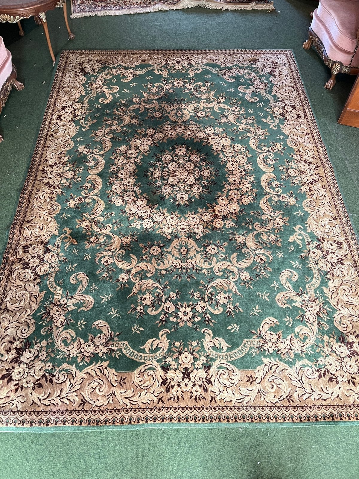 Grand tapis style Aubusson / oriental vert émeraude, Huis en Inrichting, Stoffering | Tapijten en Vloerkleden, Ophalen, Gebruikt