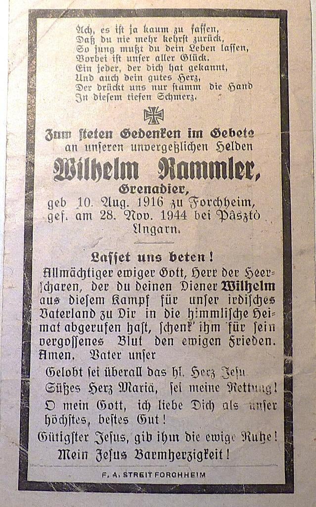 Duits bidprentje voor grenadier Wilhelm Rammler, Enlèvement ou Envoi
