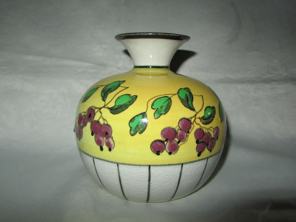Céramique de Bruxelles: joli vase aux émaux: groseilles!, Enlèvement ou Envoi