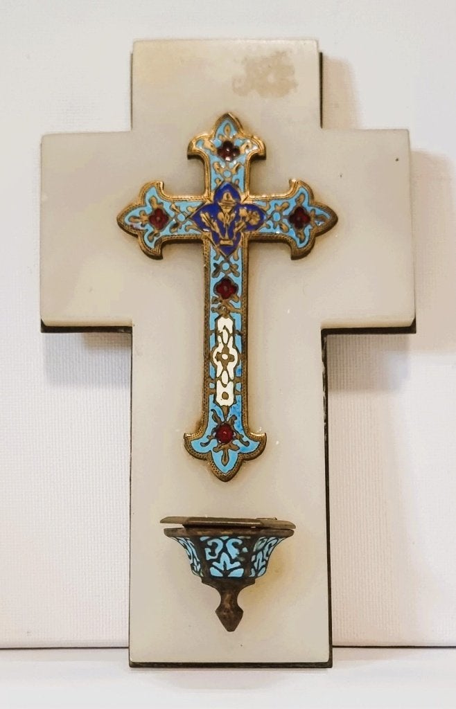 Baril à eau bénite en émail cloisonné avec onyx., Enlèvement ou Envoi