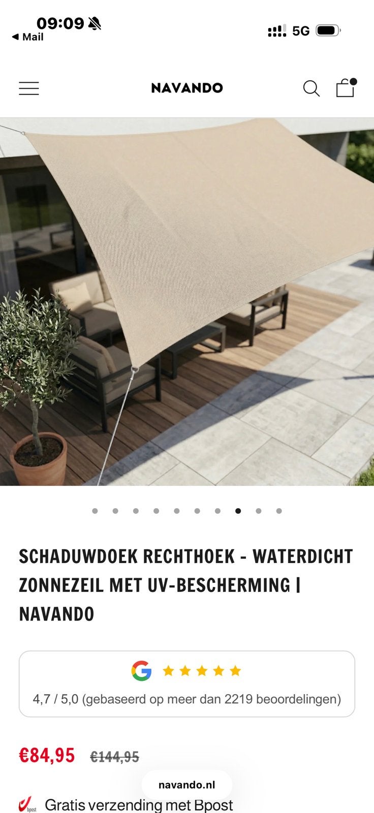 Schaduwdoek 5X3, Tuin en Terras, Ophalen, Zo goed als nieuw