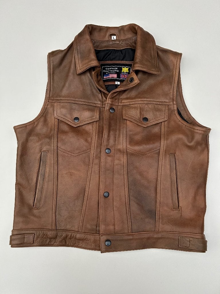 Veste cuir ( Gilet ) brun patiné, Enlèvement, Seconde main, Hommes, Autres types