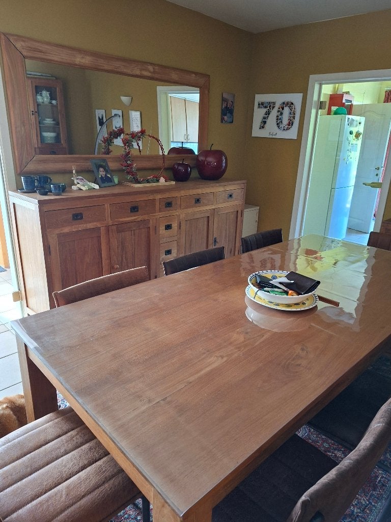Teak tafel en dressoir met spiegel, Huis en Inrichting, Ophalen, Teakhout, Met lade(s), Zo goed als nieuw