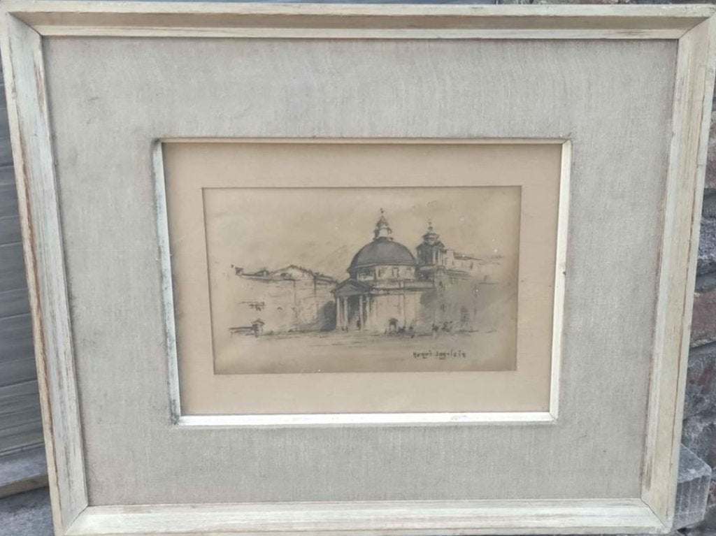 dessin vue de Rome signe Henri logelain, Antiquités & Art, Enlèvement ou Envoi, Dessin