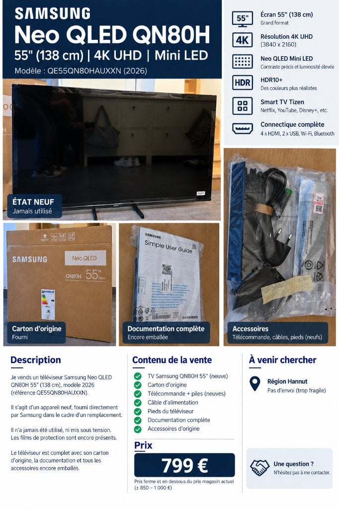 Samsung Neo QLED QN80H 55" 4K – Neuve jamais utilisée, Neuf, QLED, 4k (UHD), Smart TV