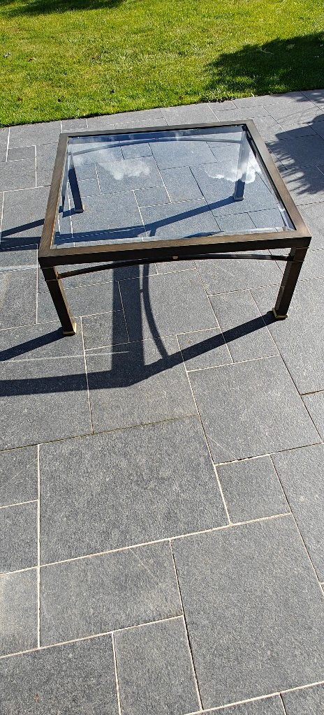 Vierkante messingkleurige salontafel met glas, Huis en Inrichting, Ophalen, Zo goed als nieuw, Vierkant, Glas