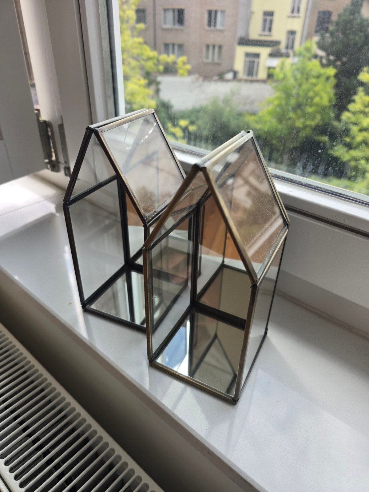 Windlicht brons met glas, Ophalen, Glas