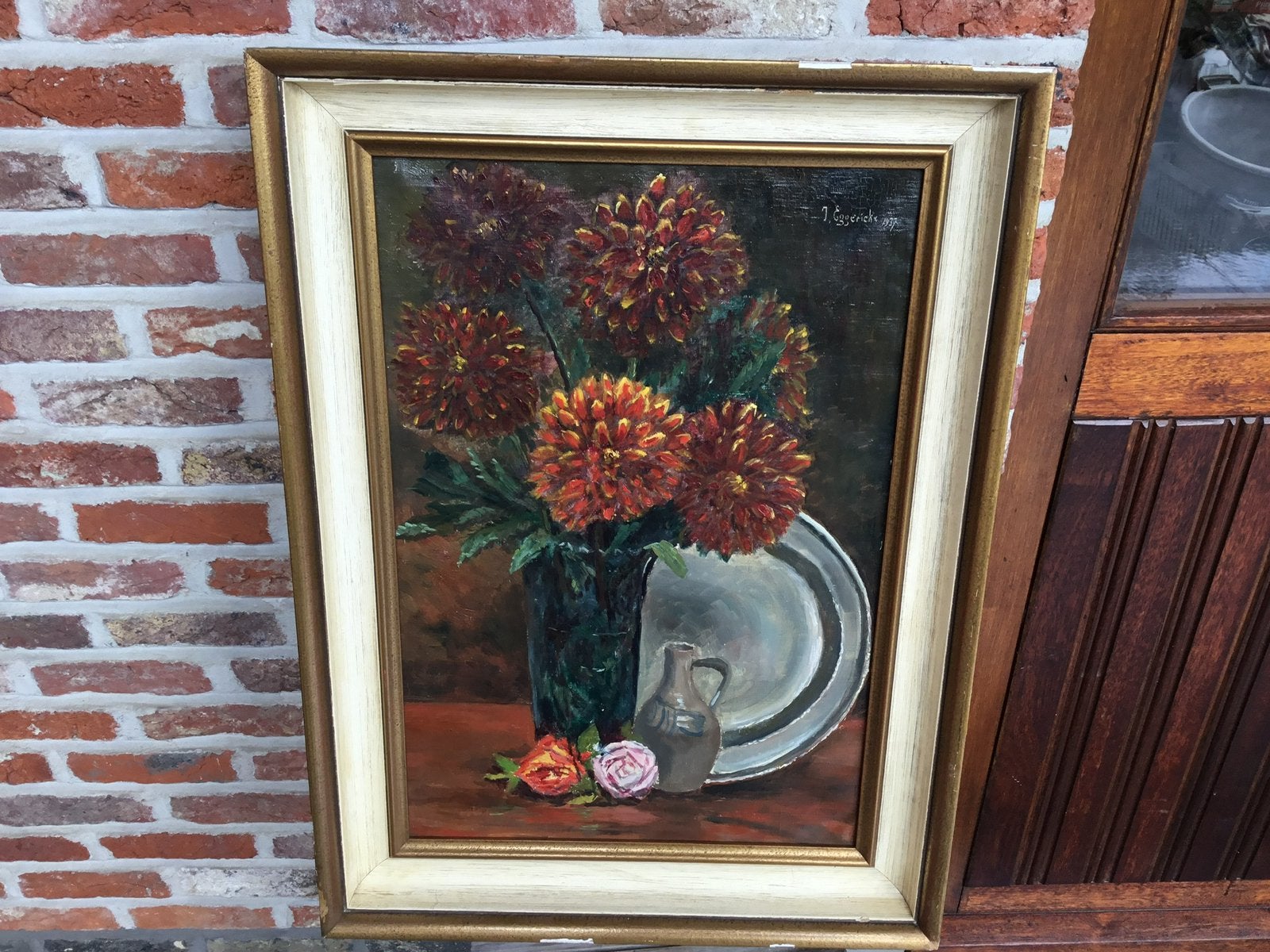 Nature morte aux fleurs J. Eggerickx 1937 - dim. 72,5x54 cm., Antiquités & Art, Enlèvement, Fleurs