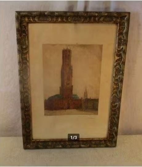 Mooi Oude Ets 'Kathedraal en Plein' - gesigneerd, Ophalen of Verzenden, Landschap, Ets, Ingelijst