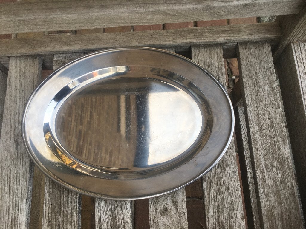 PLATTE OVALEN SCHOTEL IN INOX IN ZEER GOEDE STAAT, Enlèvement ou Envoi, Comme neuf, Inox, Autres types