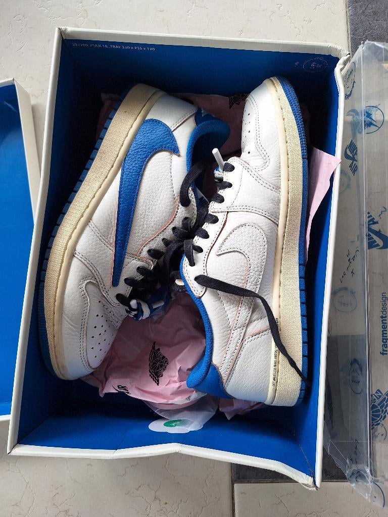 Jordan 1 Low Fragment x Travis Scott Sail Military Blue, Wit, Ophalen of Verzenden, Zo goed als nieuw, Sneakers