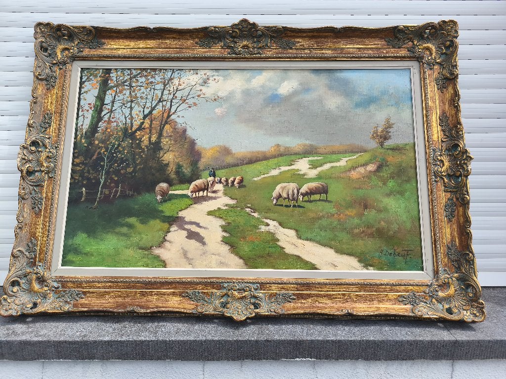 Huile sur toile berger et ses moutons signe andries debeuf, Enlèvement