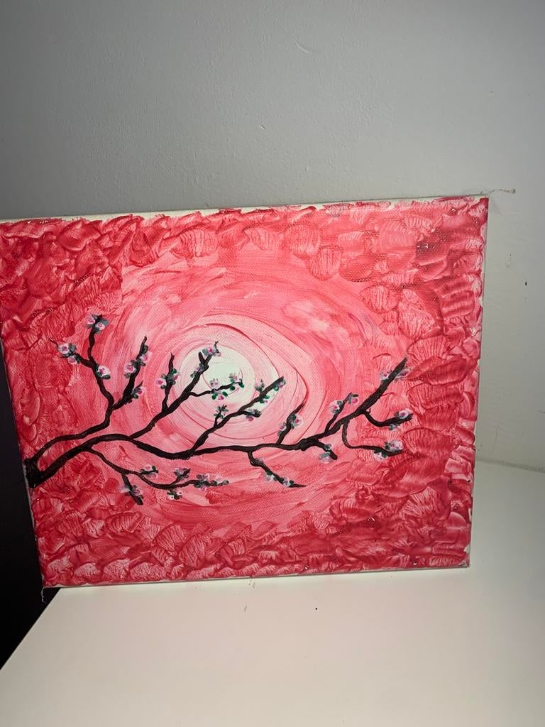 Tableau peinture abstraite rouge avec branche fleurie, Antiquités & Art, Art | Peinture | Abstraite, Enlèvement ou Envoi