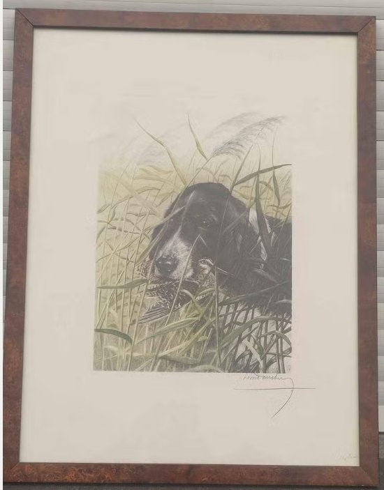 gravure chien avec proie signe leon danchin, Antiquités & Art, Enlèvement ou Envoi, Gravure