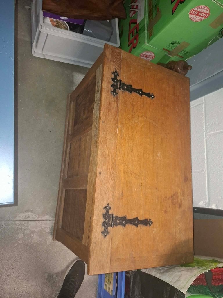 Kist/opbergkoffer van massief hout en smeedijzer, Ophalen, Gebruikt, 50 tot 100 cm, Eikenhout