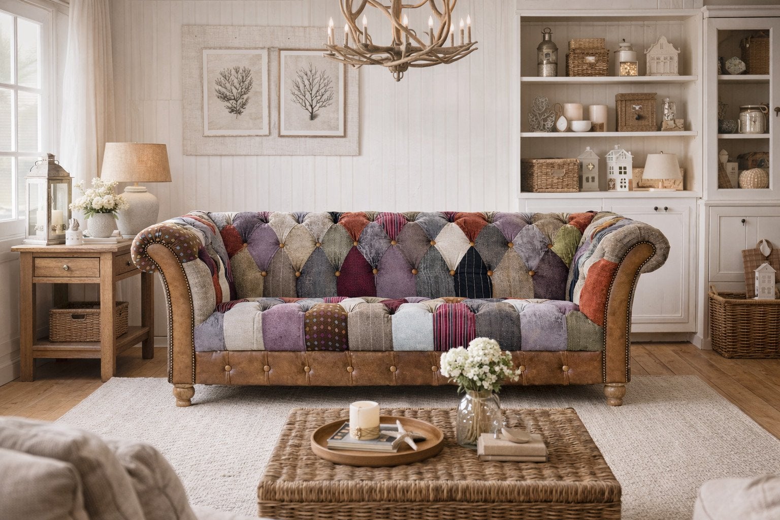MULTICOLOR PATCHWORK CHESTERFIELD 3 ZITS HENSFORD Tweed stof, Huis en Inrichting, Zetels | Zetels, Ophalen of Verzenden, Nieuw
