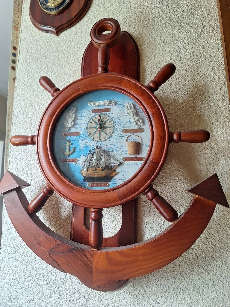 Houten scheepsstuurwiel, ankerwandklok, Verzamelen, Ophalen, Gebruikt, Gebruiksvoorwerp