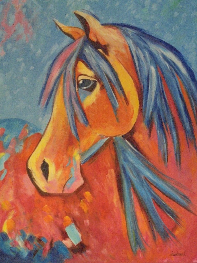 olieschilderij popart horse head (60x80), Ophalen of Verzenden, Op houten frame, Olieverf, Portret