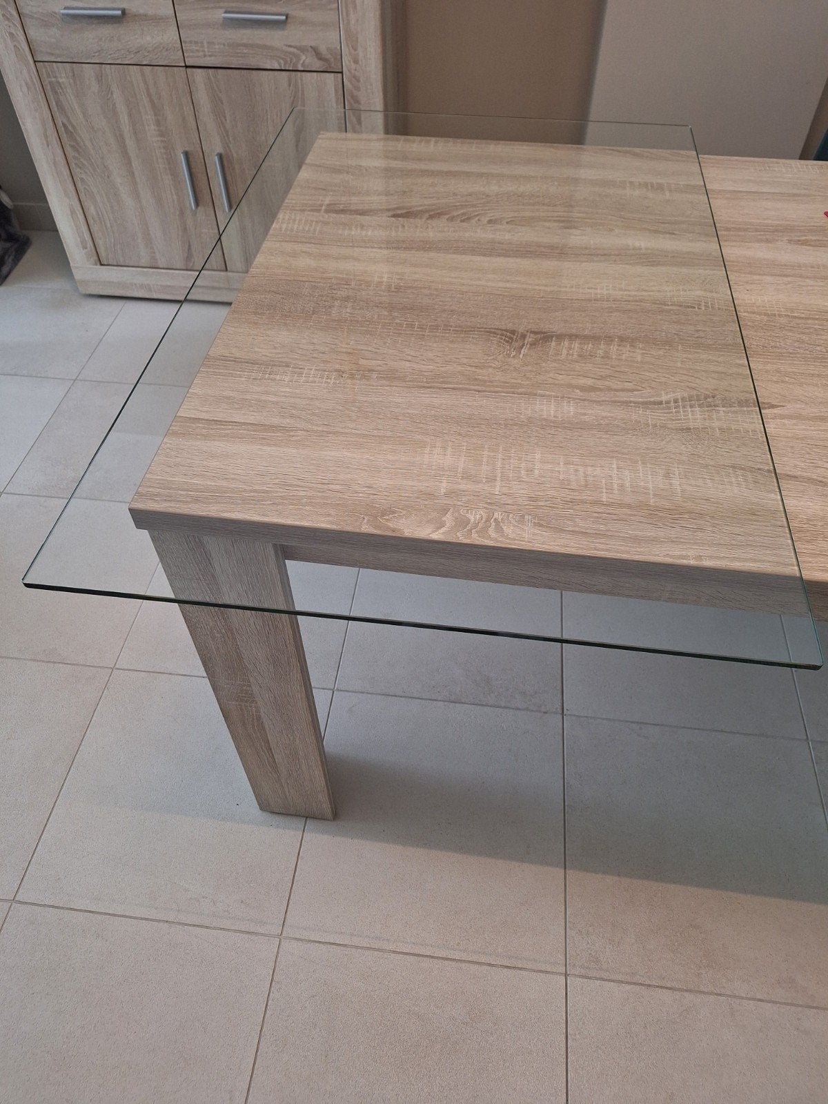 Glazen blad bescherming tafel, afgeronde hoeken, 7mm dik., Ophalen, Gebruikt, 100 tot 150 cm, 50 tot 100 cm