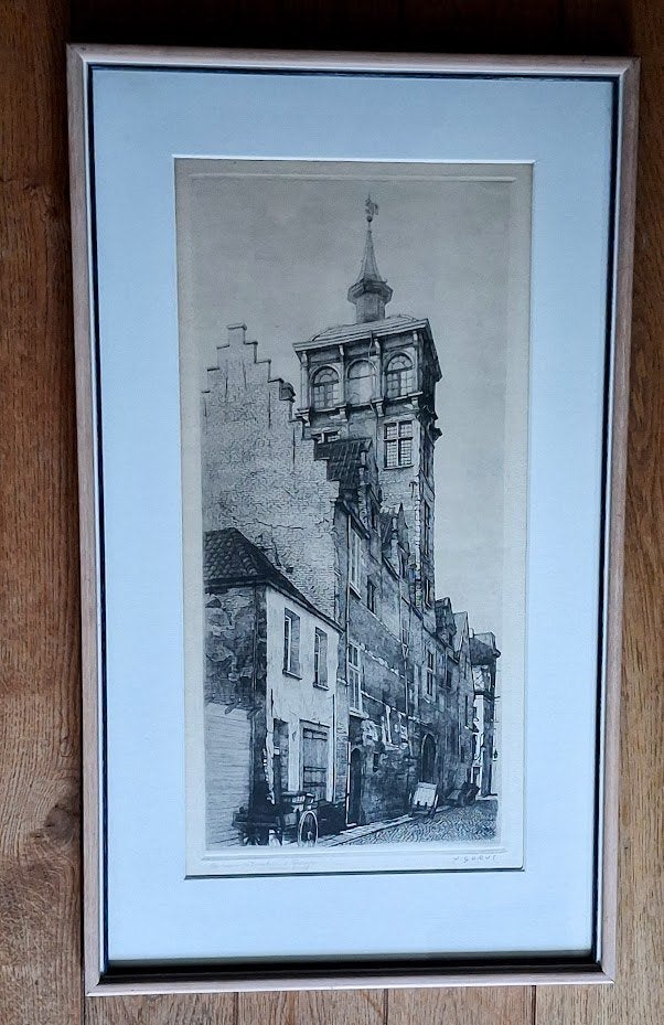 Gorus Jaak - grande gravure «Van Straelentoren» signé/cadre, Antiquités & Art, Eau-forte, Enlèvement ou Envoi, 1950 - 1999, Vue urbaine