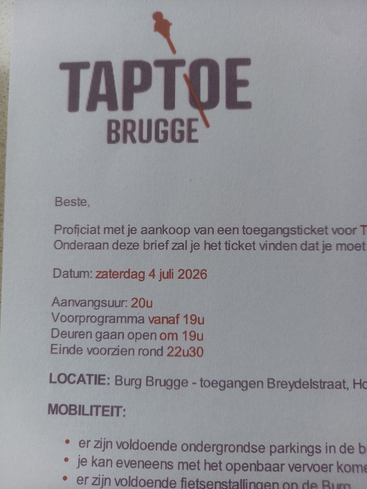 Tickets taptoe Brugge 2 stuks  Np 70euro, Tickets & Billets