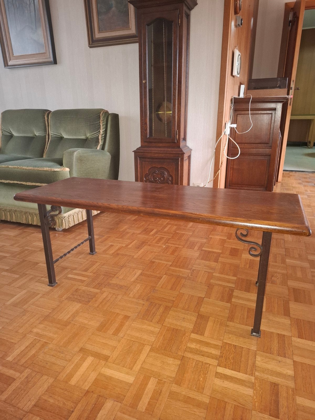 salontafel + 3 bijzettafeltjes met smeedijzeren onderstel, Huis en Inrichting, Ophalen, Metaal of Aluminium, Zo goed als nieuw