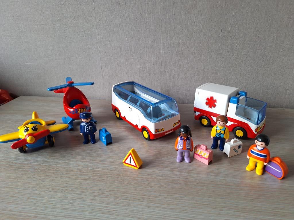 ☼ Playmobil 123 bus ambulance helicopter vliegtuig, Ophalen of Verzenden, Gebruikt