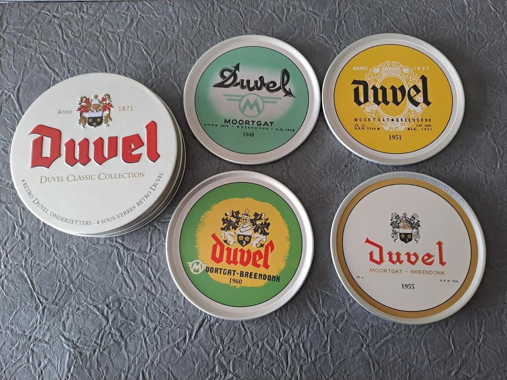 Duvel moortgat onderleggers in metaal doosje origineel, Verzamelen, Ophalen of Verzenden