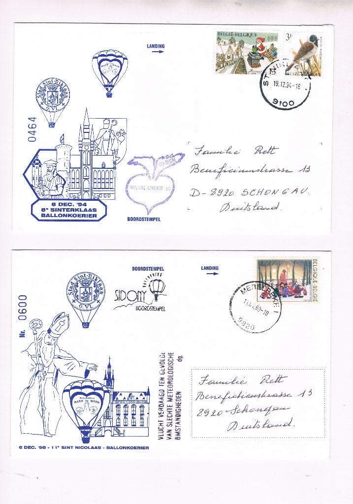 6 lettres de courrier en montgolfière, Oblitéré, Enlèvement ou Envoi, Autre, Affranchi