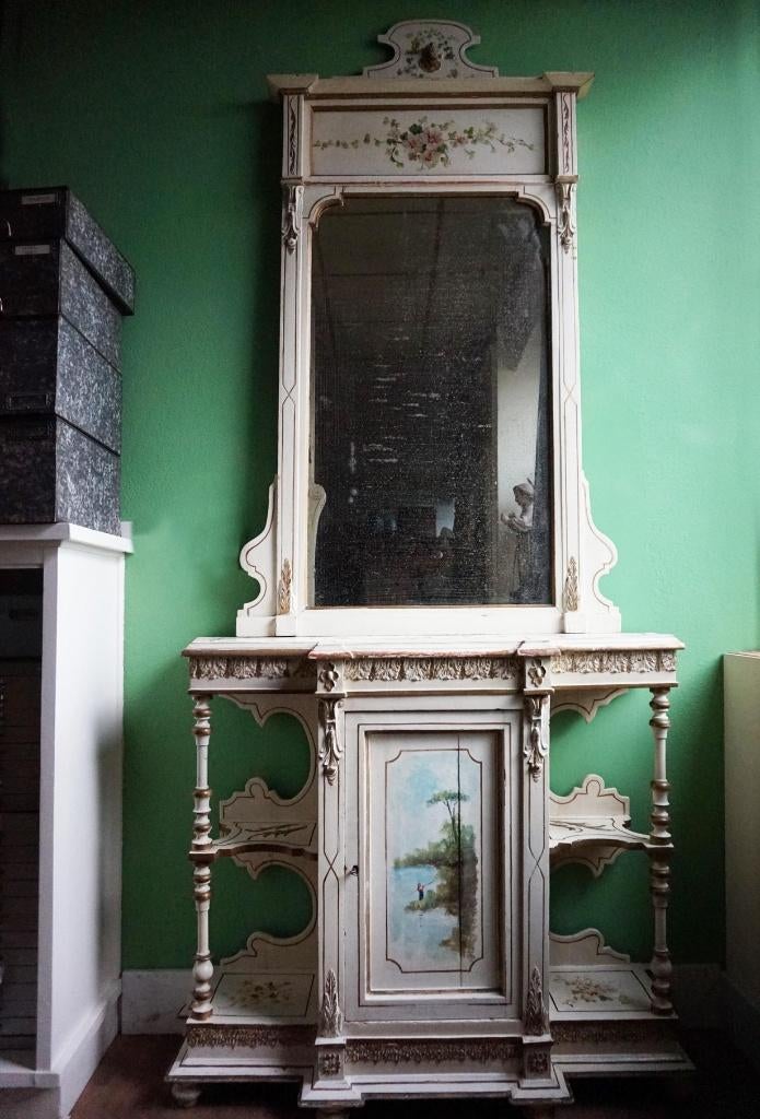Oude houten beschilderde hal tafel met spiegel, Antiek en Kunst, Ophalen