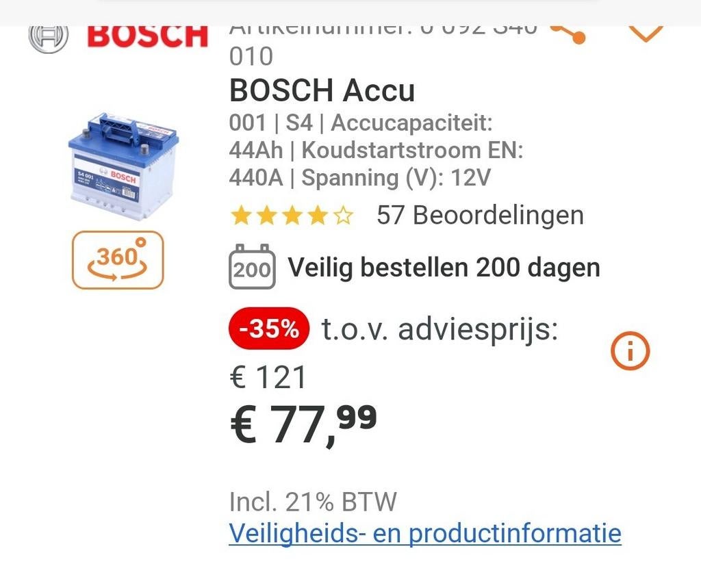 BOSCH autobatterij 44Ah EN 440A, Ophalen, Nieuw