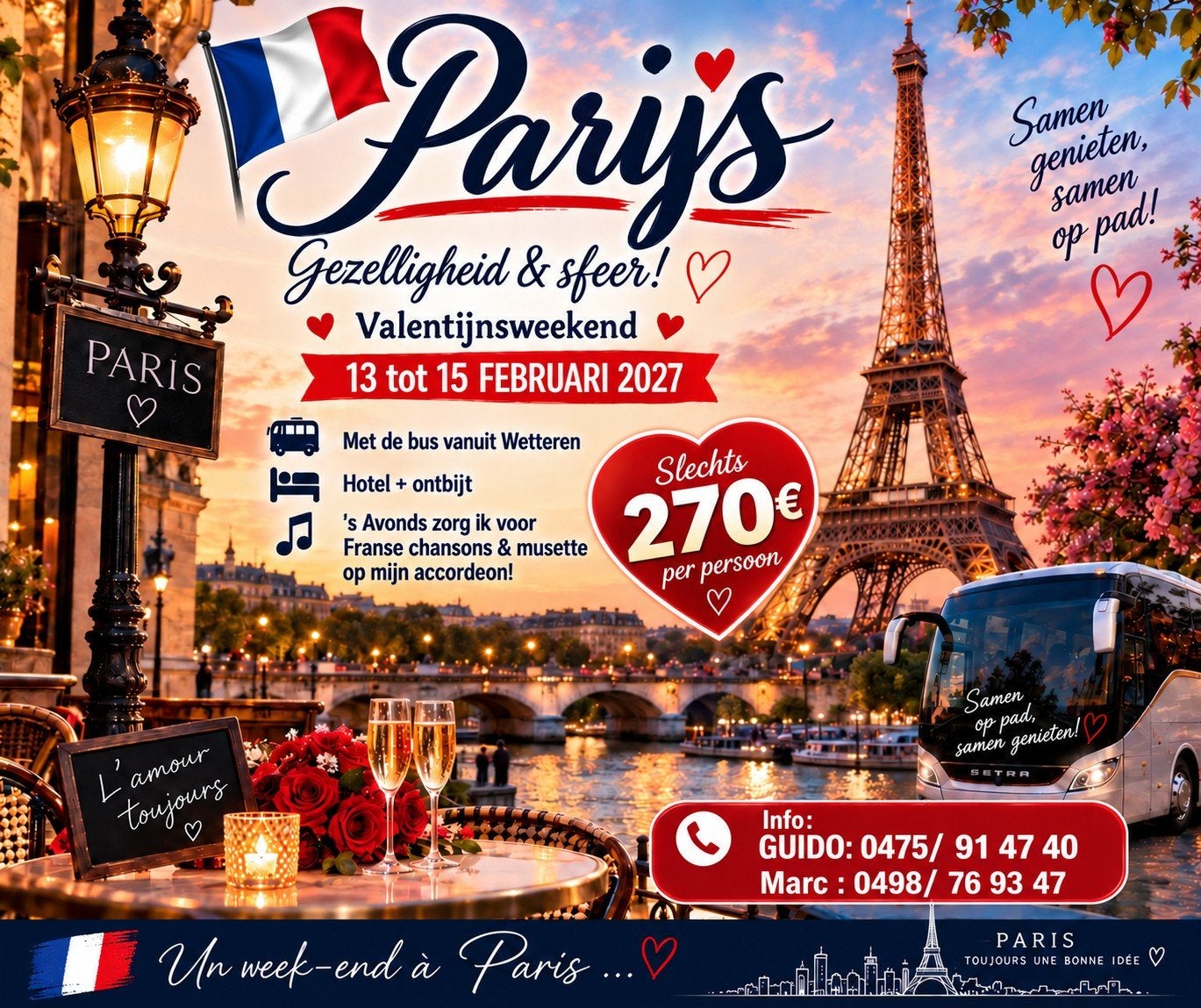 Valentijnsweekend Parijs 2027 ️Bus + hotel – €270 p/p.