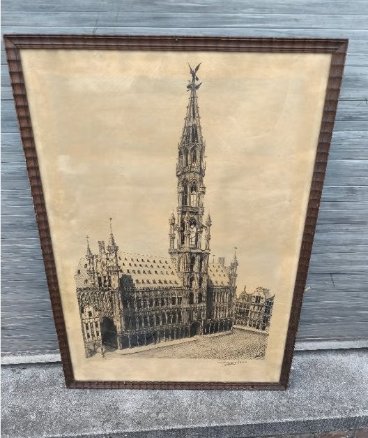 Lithographie l hôtel de Bruxelles signe p gillet 1916, Antiquités & Art, Art | Lithographies & Sérigraphies, Enlèvement ou Envoi