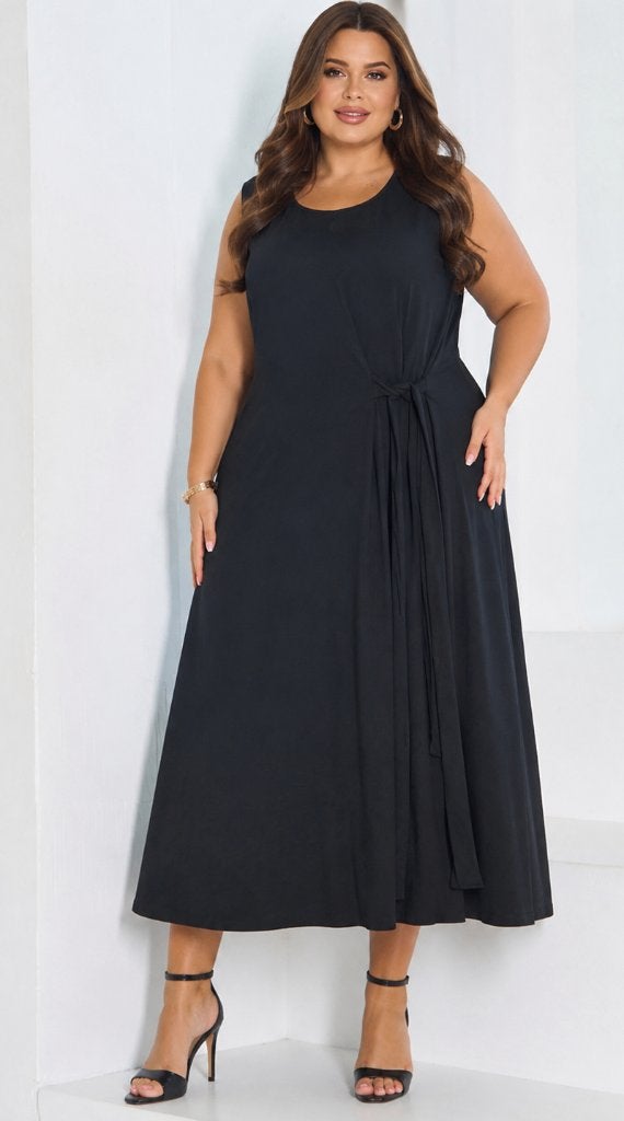 Linnen maxi jurk met strik – Zwart – 4XL / EU 48, Zwart, Maat 46/48 (XL) of groter, Nieuw, ISSA PLUS