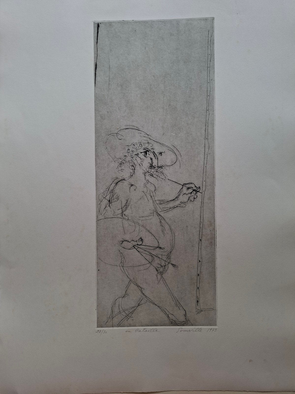 SOMVILLE Roger "En bataille" 1973 ets, Antiek en Kunst, Kunst | Etsen en Gravures, Ophalen of Verzenden, Ets, Genummerd
