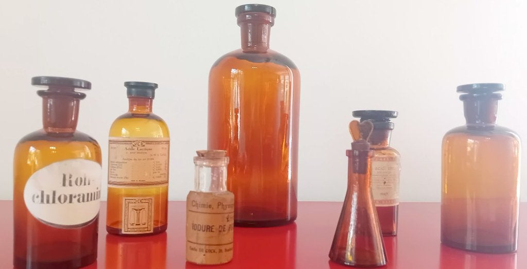 Vintage 7 delige amberkleurige set apothekerspotten, Enlèvement