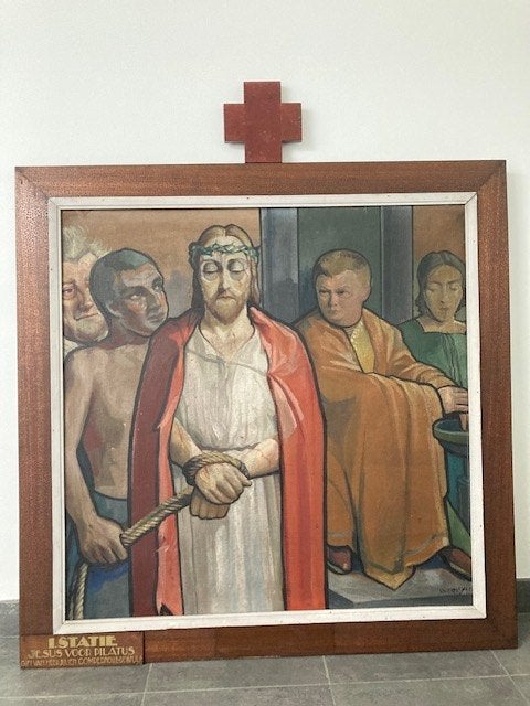 Volledige kruisweg uit kerk, geschilderd, olieverf op doek, Antiquités & Art, Autres sujets, Peinture à l'huile, Cadre spécial