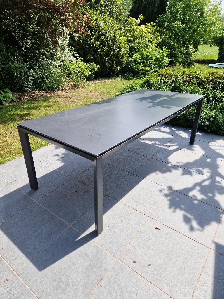 Terrastafel met metalen onderstel 230 x 100 cm, Tuin en Terras, Tuintafels, Ophalen, Gebruikt, Rechthoekig, Metaal