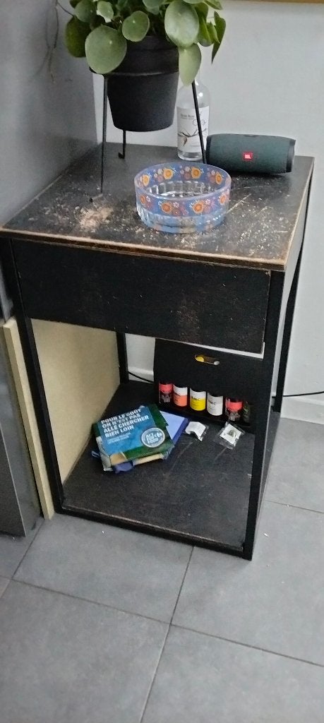 houten bijzet tafel met 1 schuif 60x60x93, Ophalen, Gebruikt