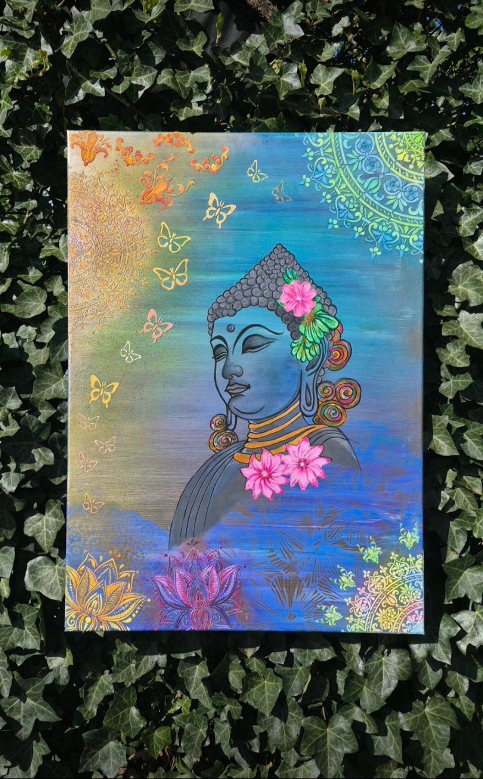 Handgeschilderd Boeddha schilderij, decoratief. 50cm x 70cm, Antiquités & Art, Art | Peinture | Moderne, Enlèvement ou Envoi