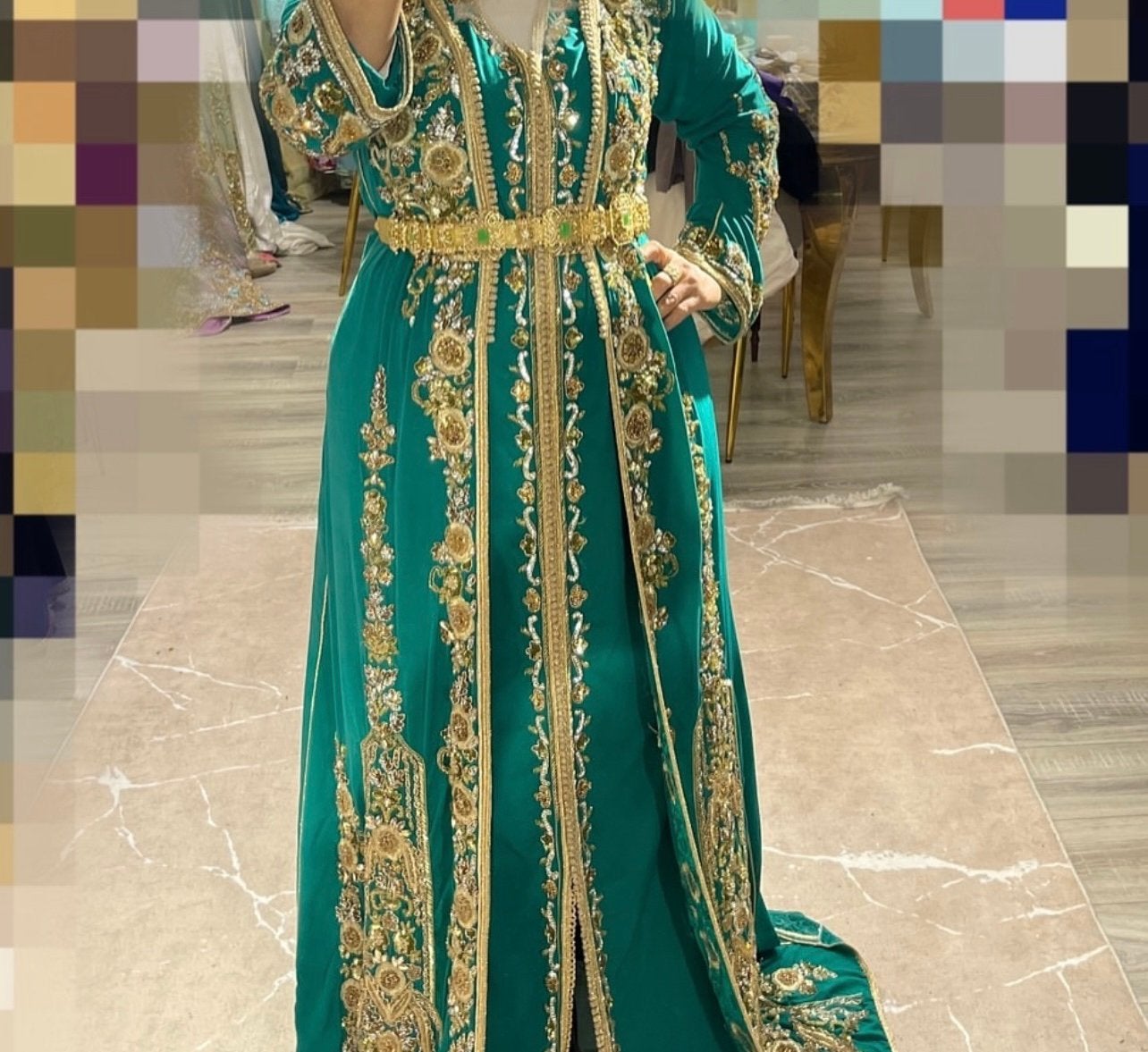 kaftan – smaragdgroen met gouden borduurwerk, Enlèvement, Neuf, Taille 42/44 (L)
