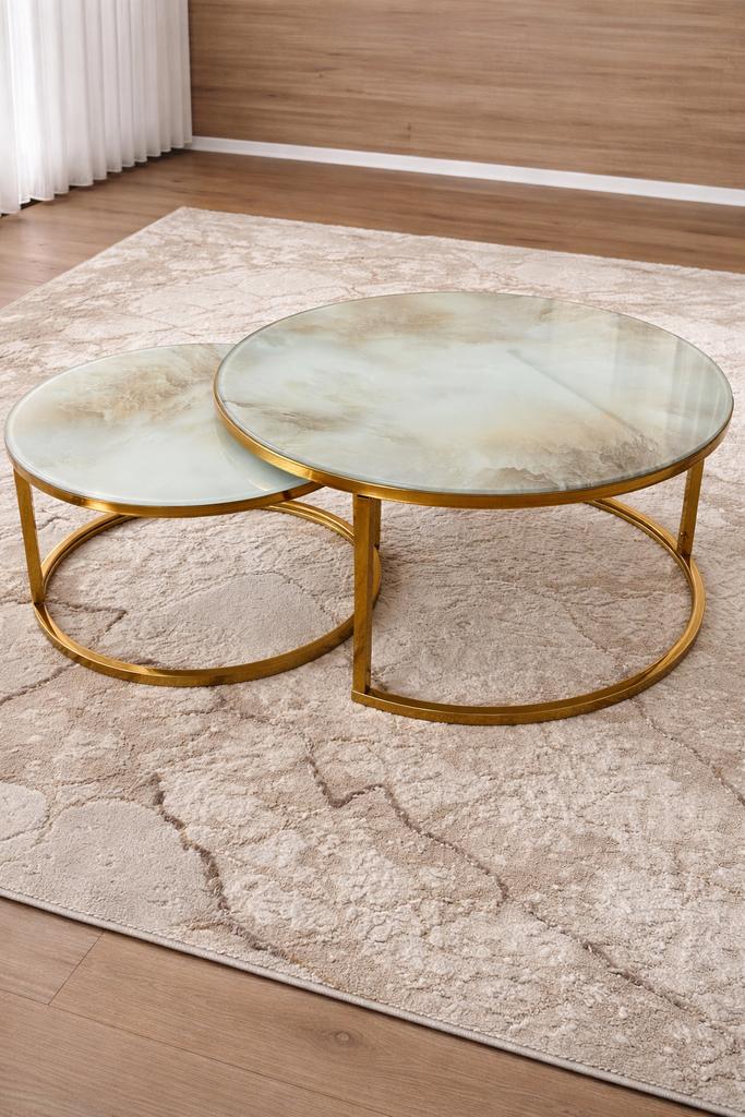 Luxe set ronde salontafels marmerlook & goud (2 stuks), Huis en Inrichting, Tafels | Salontafels, Ophalen, Zo goed als nieuw, Glas
