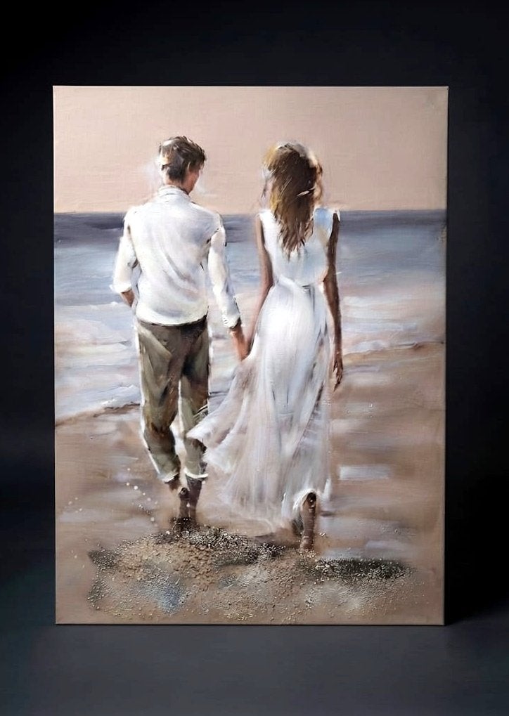 Tableau de peinture acrylique "Amoureux à la plage"., Peint à la main, Portrait ou Personnes, Peinture acrylique, Enlèvement