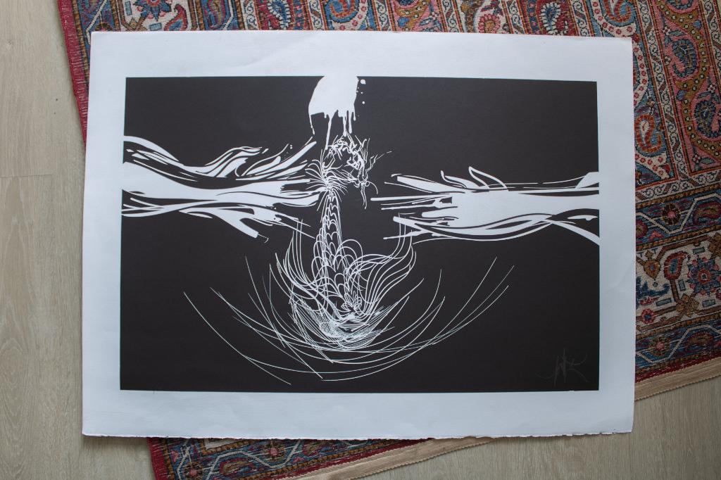 Raymond Moretti Litho 5 Abstract White On Black, Antiek en Kunst, Kunst | Litho's en Zeefdrukken, Ophalen of Verzenden