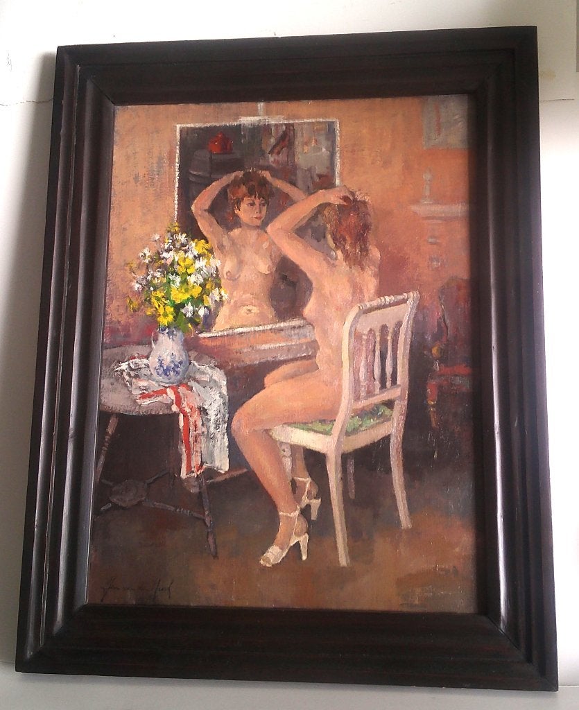 Nu devant le miroir vers 1970 - Jan van den Hurk 1917-2000, Portrait ou Personnes, Œuvre originale, Peinture à l'huile, Enlèvement