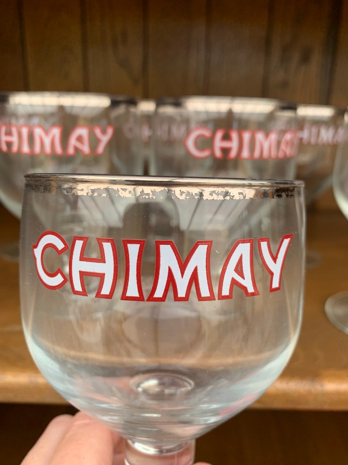 Lot de 7 verres à Chimay avec liseré argenté, Verzamelen, Ophalen, Zo goed als nieuw