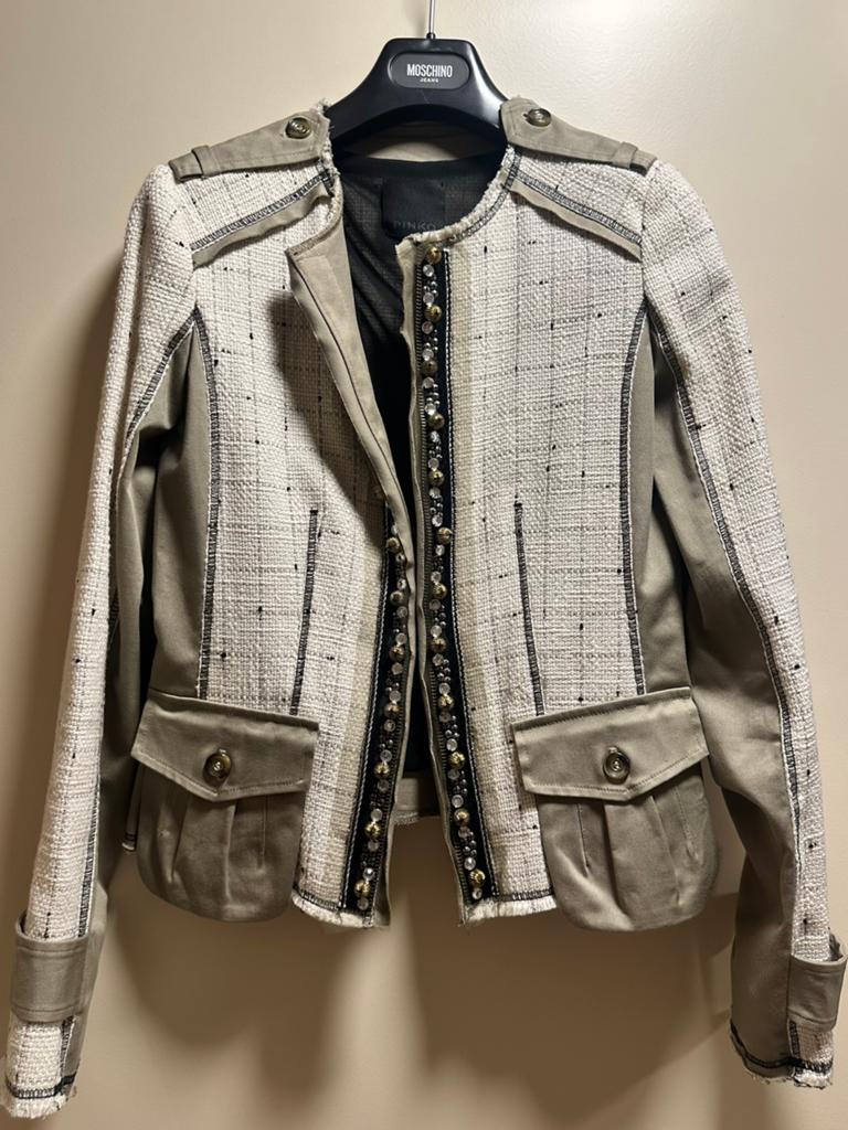 Blazer  dames Pinko 36 gecentreerd  kaki /creme, Enlèvement, Comme neuf, Taille 36 (S), Manteau