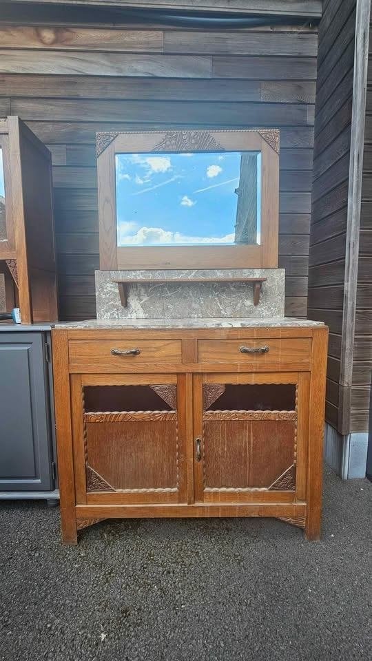 Ancien meuble  toilette miroir plateau marbre  bois massif, Antiquités & Art, Enlèvement