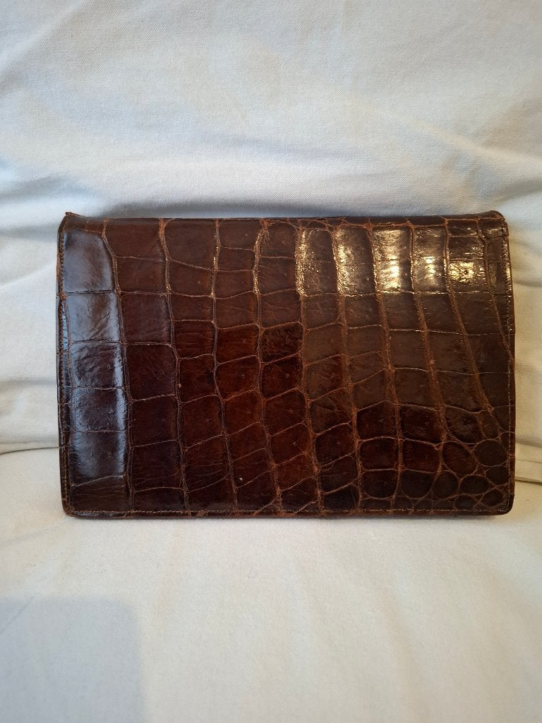 Sac pochette vintage en cuir de crocodile véritable marron, Enlèvement ou Envoi, Utilisé, Brun, Sac à main